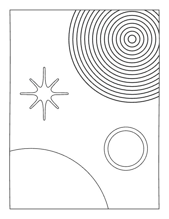 Celestial geometric shapes featuring a large concentric circle sun and a starburst in a bold and easy coloring page.
