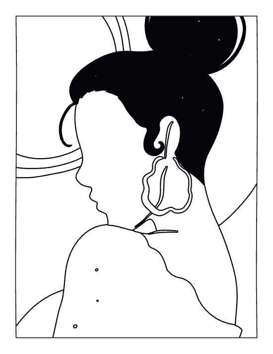 Minimalist woman portrait with a hair bun and large hoop earrings in a bold and easy coloring page.