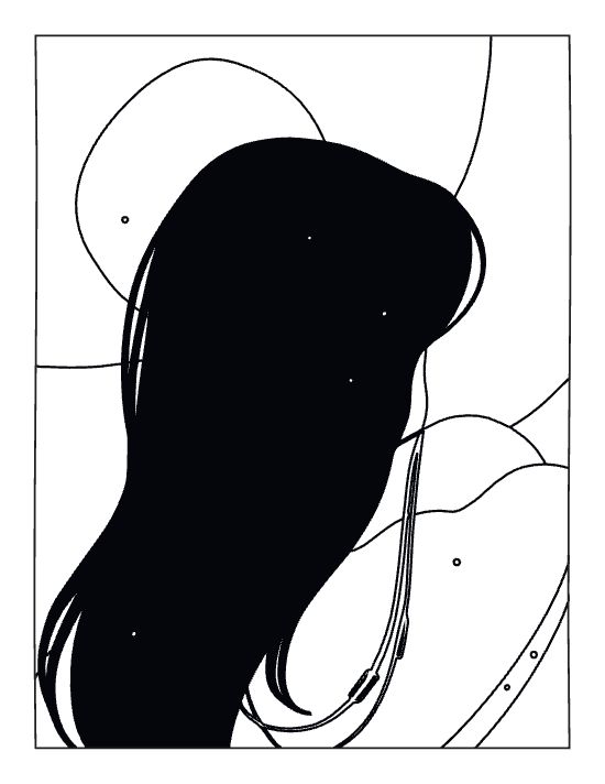 A woman silhouette with long hair against a minimalist celestial background in a bold and easy coloring page.