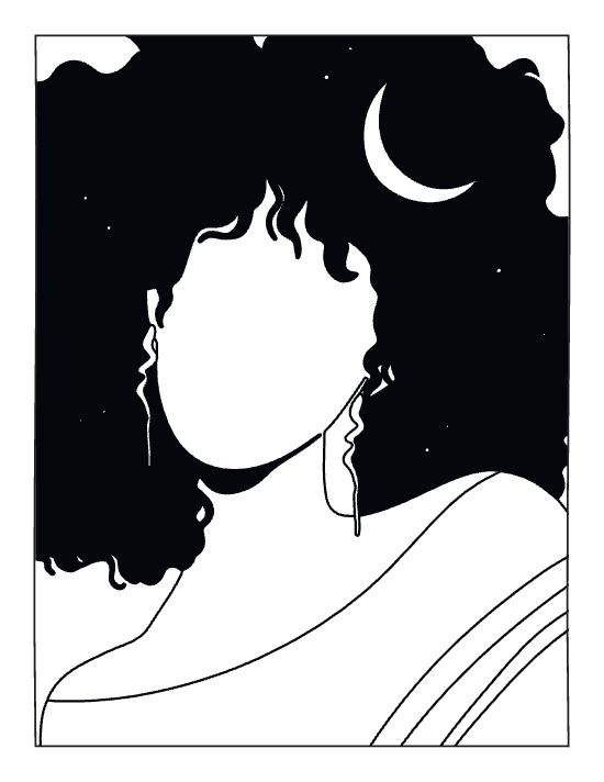 Minimalist woman silhouette with voluminous hair and a crescent moon motif in a bold and easy coloring page.