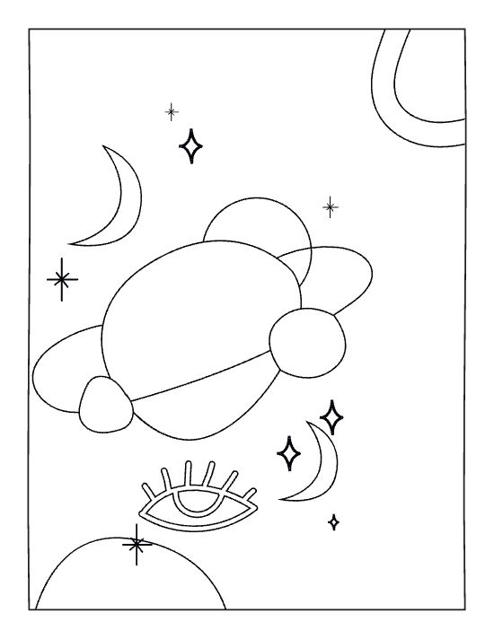 Celestial planet with rings and moons surrounded by stars and a mystical eye boho coloring page.