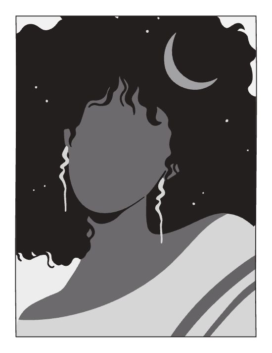 Woman with voluminous hair containing a crescent moon and stars in a celestial themed bold and easy.