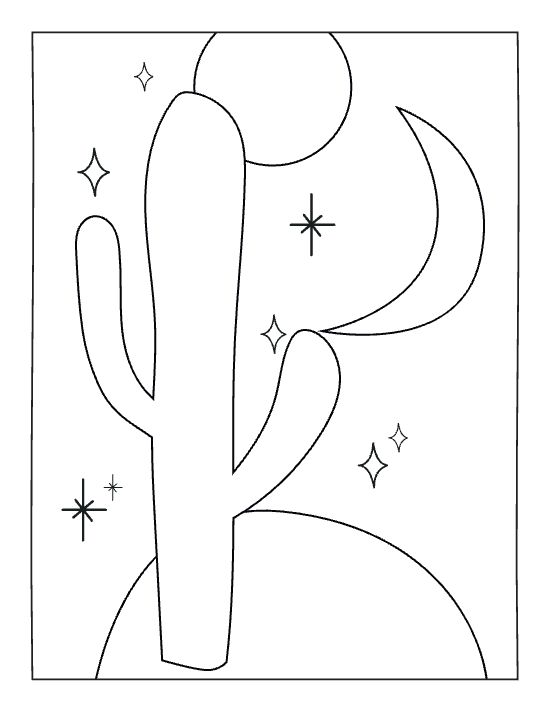 Saguaro cactus under a crescent moon and stars with minimalist lines in a bold and easy coloring page.