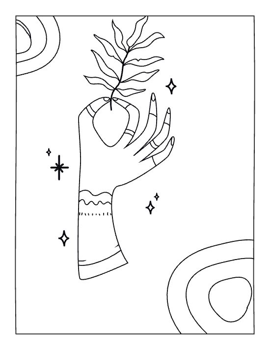 A hand holding a leafy branch surrounded by stars and abstract shapes in a bold and easy coloring page.