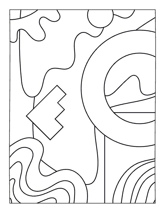 Abstract landscape with wavy lines, geometric shapes, and a large circle in a bold and easy coloring page.
