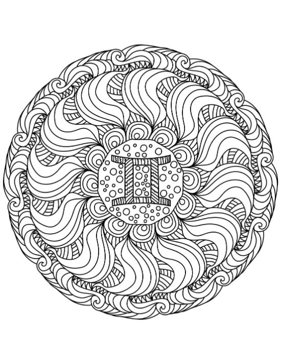 Gemini zodiac symbol centered within a circular arrangement of swirling wave motifs in this detailed mandala.