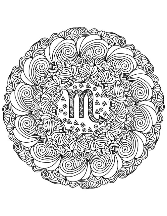 Scorpio zodiac symbol centered within a dense circular pattern of swirling waves and geometric shapes coloring page.