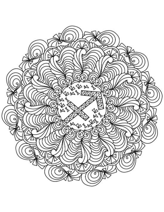 Sagittarius zodiac symbol centered within a dense circular arrangement of swirling waves and geometric patterns coloring page.