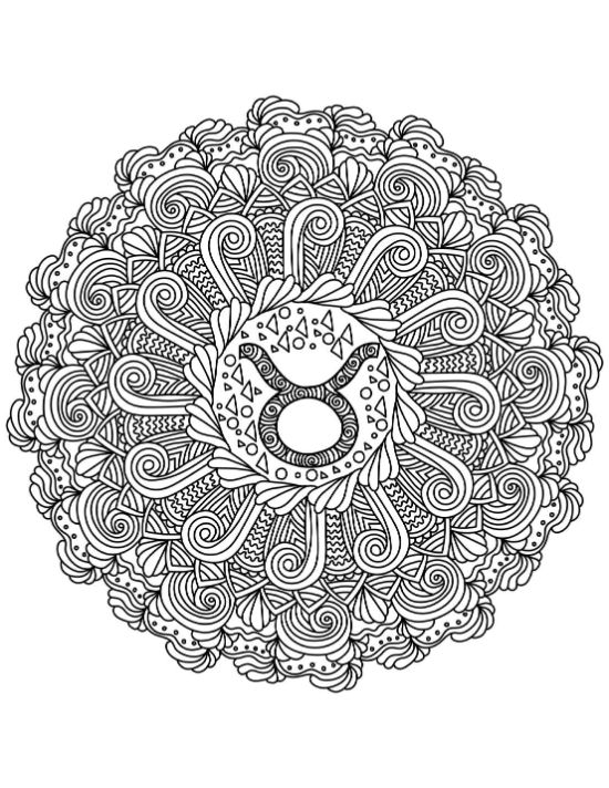 Taurus zodiac symbol centered within a dense circular arrangement of swirling motifs and geometric patterns mandala.