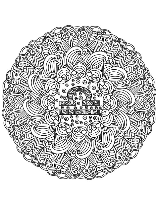 Libra zodiac symbol centered within a dense circular pattern of swirling motifs and geometric shapes mandala.