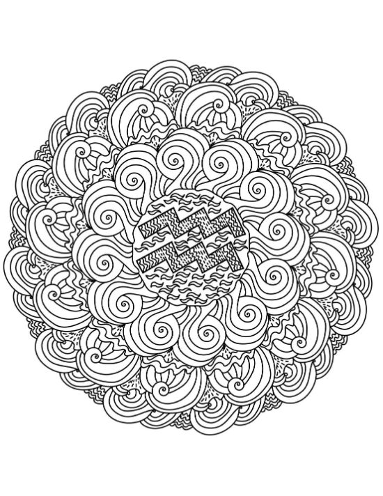 Aquarius zodiac symbol surrounded by a dense circular pattern of swirling ocean waves in a mandala.