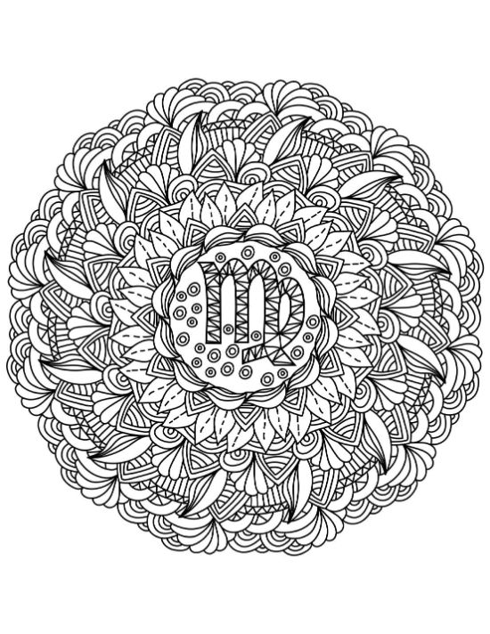 Virgo zodiac symbol centered within a dense circular arrangement of floral and scalloped patterns mandala