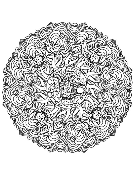 Zodiac Adult Coloring Pages featuring a Capricorn symbol inside a swirling sun and geometric pattern, mandala