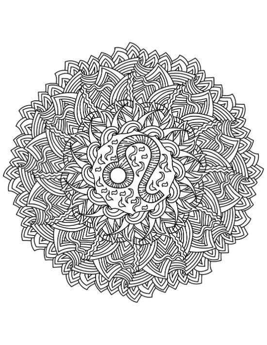 Leo zodiac symbol centered within a dense circular pattern of geometric shapes and wavy lines mandala.