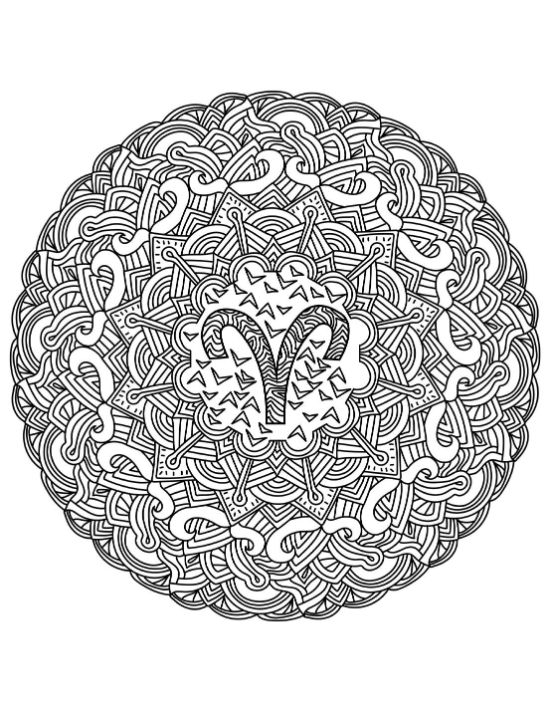 Aries zodiac symbol centered within a dense circular pattern of swirling lines and geometric shapes mandala.