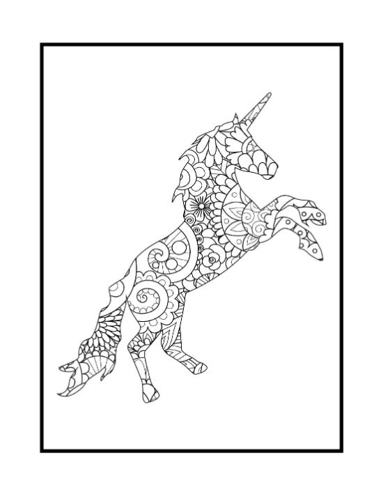 Rearing unicorn silhouette filled with swirling flowers and fine detail in a floral mandala