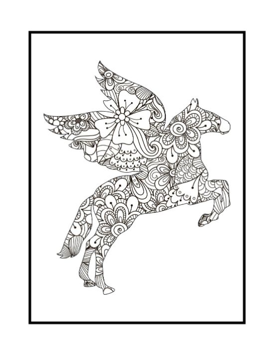 Leaping winged unicorn filled with blossoms and paisley swirls in a floral mandala