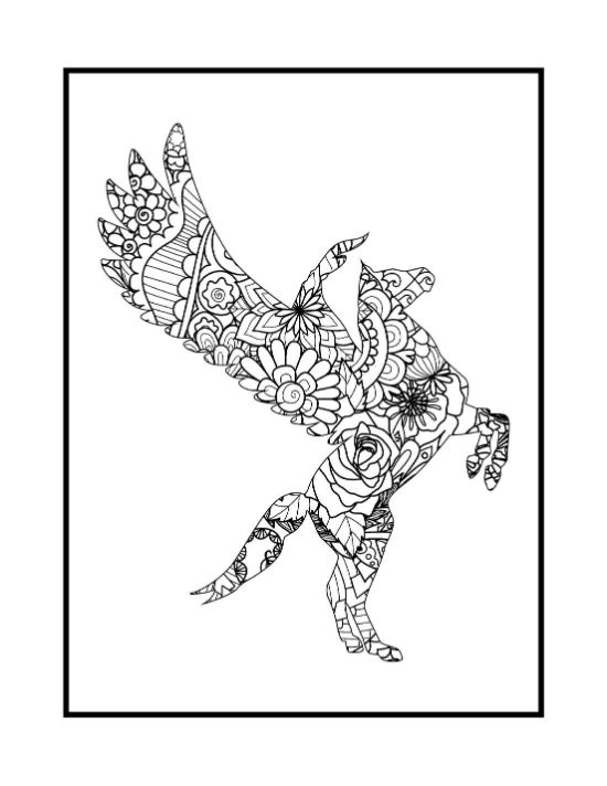 Diving winged unicorn covered with roses leaves and mandala blooms on a coloring page