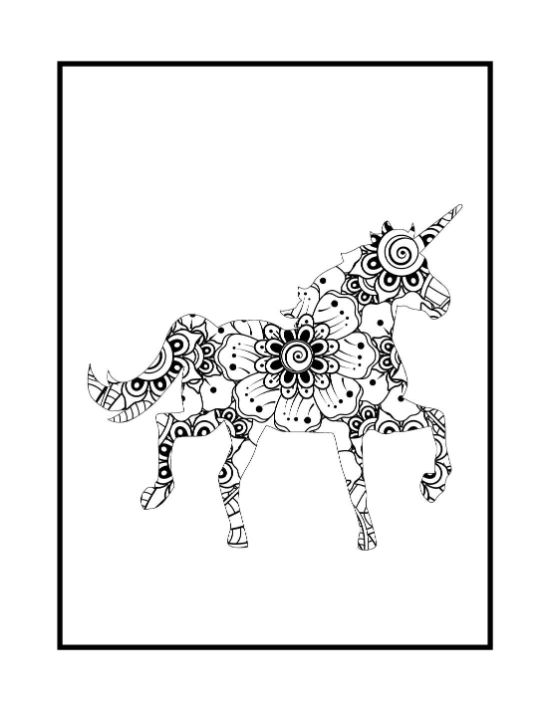 Unicorn silhouette filled with floral zentangle patterns and swirling motifs in a detailed line art coloring page.