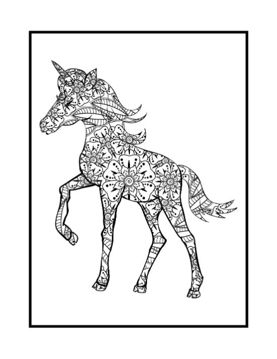 A standing unicorn filled with intricate floral patterns and symmetrical mandala motifs in a detailed coloring page.