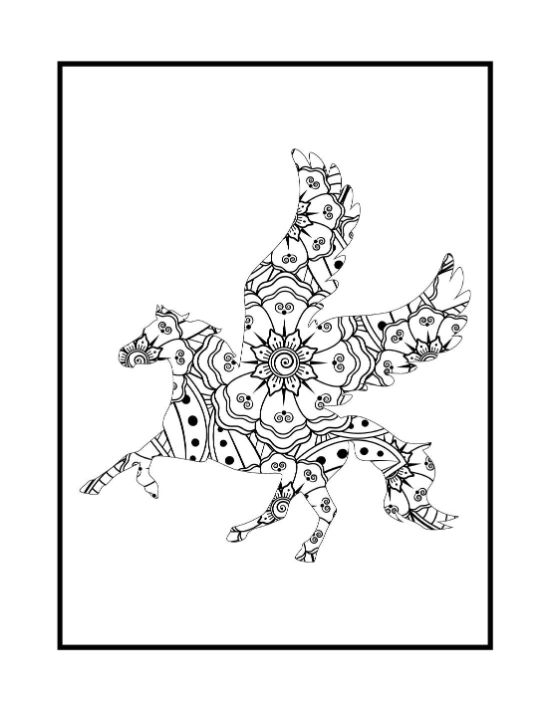 Pegasus silhouette filled with floral zentangle patterns and symmetrical mandala motifs in a detailed coloring page.