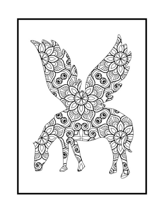 A winged horse silhouette filled with intricate floral mandala patterns and symmetrical petal motifs coloring page.