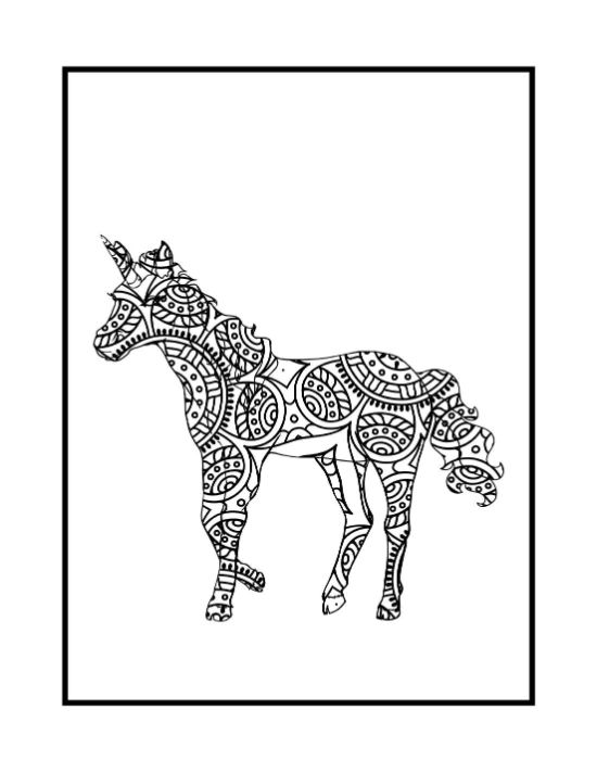 Unicorn silhouette filled with intricate circular patterns and geometric shapes in a zentangle style coloring sheet.