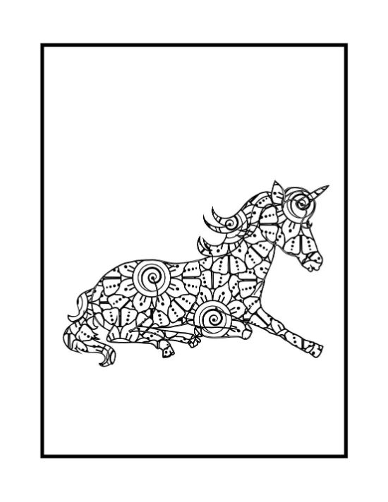 A seated unicorn featuring intricate floral patterns and swirling motifs throughout its body in this coloring sheet.