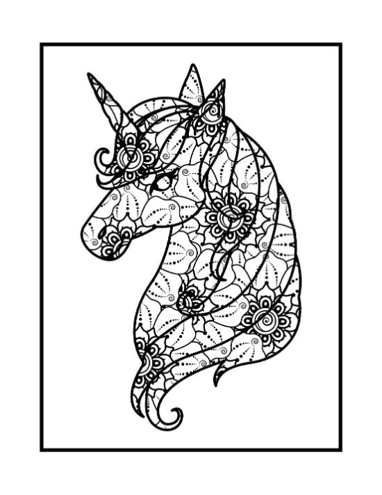 Unicorn head profile filled with dense floral patterns and swirling zentangle motifs in a detailed coloring sheet.