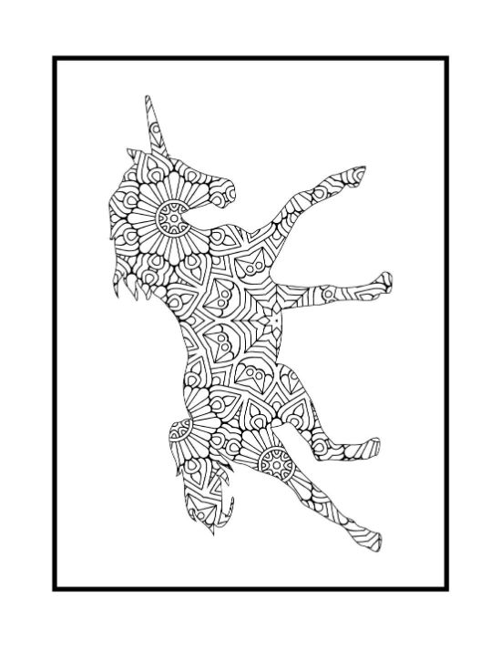 Rearing unicorn silhouette filled with intricate floral and geometric patterns in a detailed mandala coloring page.
