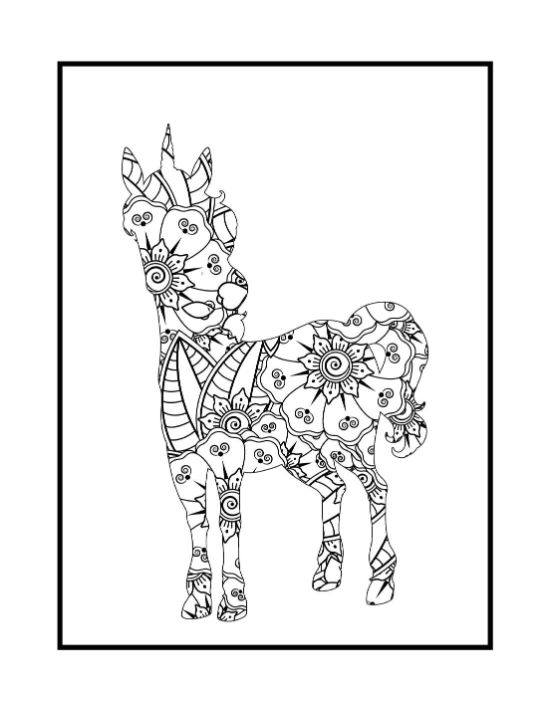 Unicorn silhouette filled with floral zentangle patterns and swirling motifs in a detailed coloring sheet.