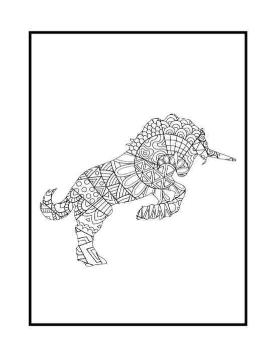 Rearing unicorn silhouette filled with geometric patterns and floral motifs in a detailed zentangle coloring sheet.