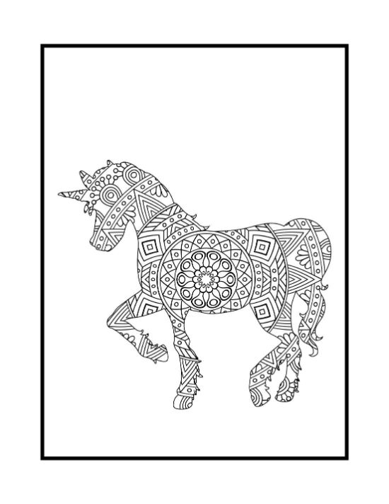 A unicorn silhouette filled with intricate geometric patterns and a central flower mandala coloring page.
