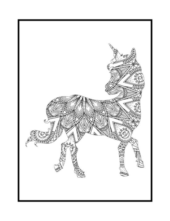 Unicorn silhouette filled with intricate geometric patterns and radial floral motifs in a zentangle style coloring sheet.