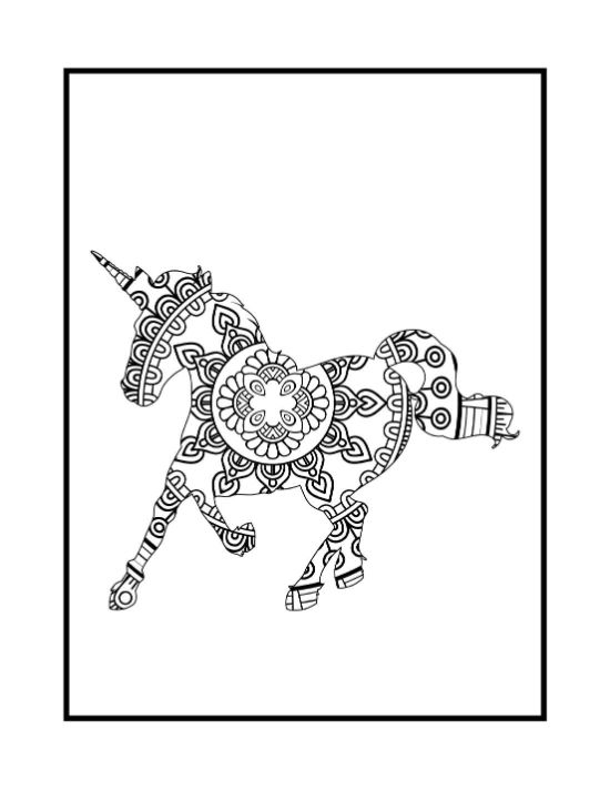 Prancing unicorn silhouette filled with intricate floral and geometric mandala patterns for an adult coloring sheet.