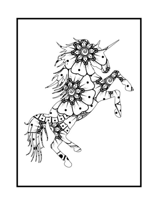 Rearing unicorn filled with floral patterns and swirling motifs within a rectangular frame coloring sheet.