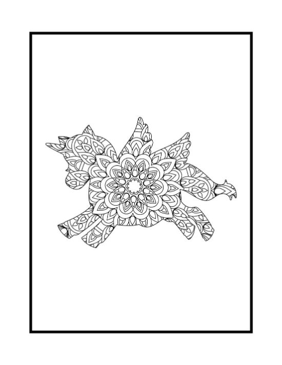 Winged unicorn silhouette filled with a central floral mandala and intricate petal patterns for a coloring sheet.