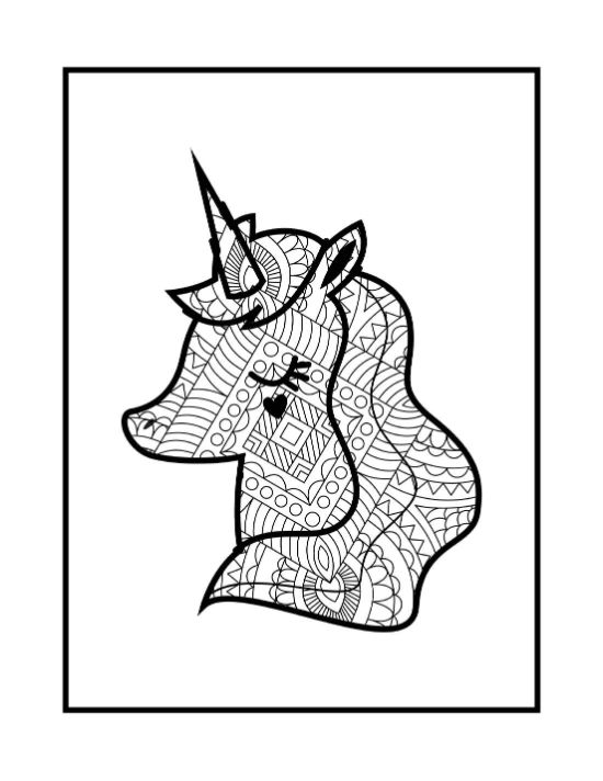 Unicorn head profile filled with geometric zentangle patterns and floral motifs in a bold and easy coloring page.