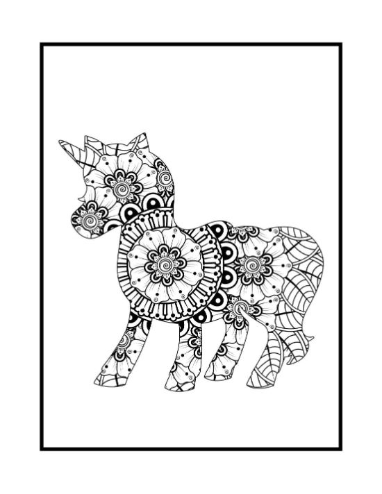 Unicorn silhouette filled with floral mandala patterns and leaf motifs in a detailed line art style.
