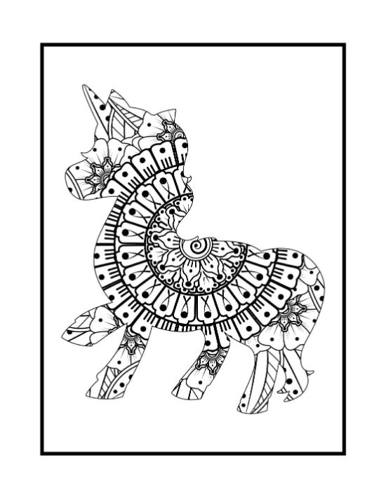 Unicorn silhouette filled with a dense floral mandala and geometric patterns in a black and white coloring page.