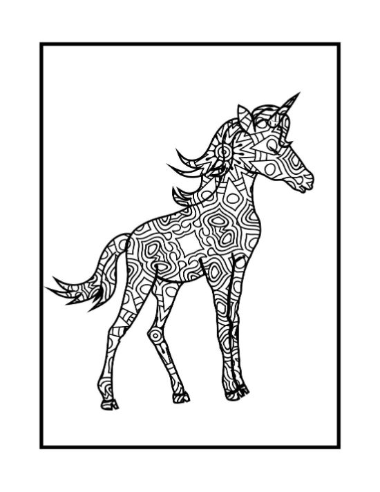 Unicorn silhouette filled with intricate geometric patterns and swirling motifs for a detailed mandala coloring sheet.