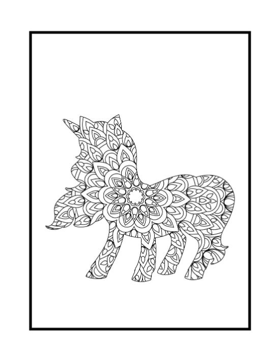 Unicorn silhouette filled with a dense floral mandala pattern and intricate petal motifs for a coloring sheet.