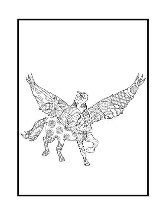 Winged unicorn with intricate zentangle patterns including stars and floral motifs in a detailed line art.