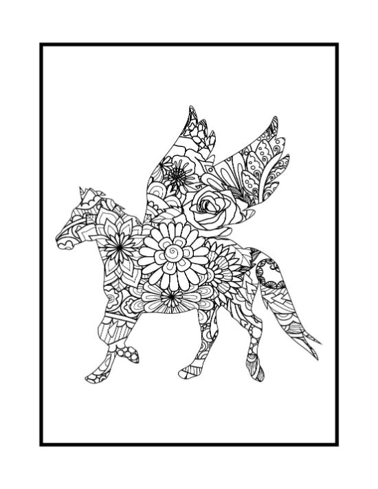 Winged horse silhouette filled with dense floral patterns and zentangle motifs for an intricate coloring sheet.