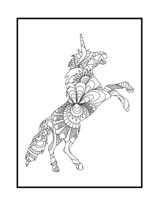 Rearing unicorn silhouette filled with intricate floral and geometric mandala patterns in a detailed coloring page.