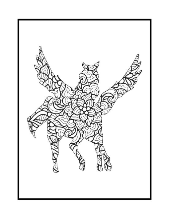 Winged horse silhouette filled with dense floral patterns and swirling zentangle motifs for a detailed coloring sheet.
