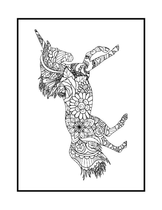 Rearing unicorn silhouette filled with dense floral patterns and zentangle motifs for a detailed coloring sheet.