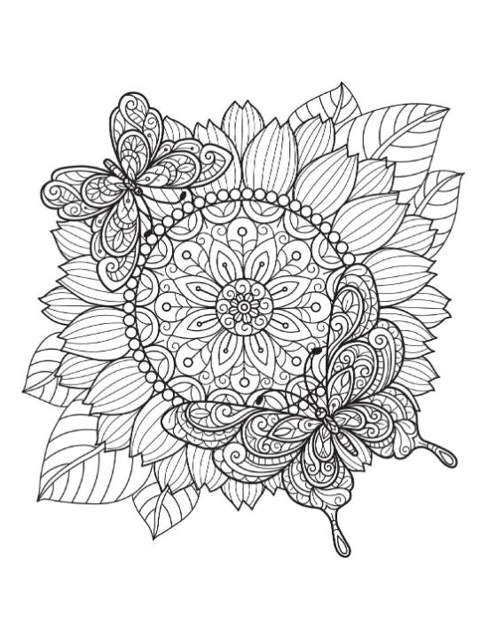 Butterflies with intricate wings on a mandala sunflower with leaves coloring page.