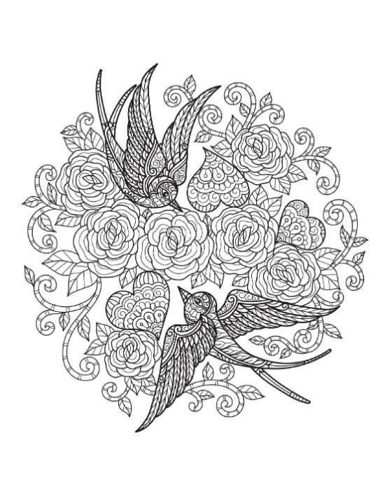 Two ornate swallows surrounded by a mandala of roses, leaves, and hearts coloring page.