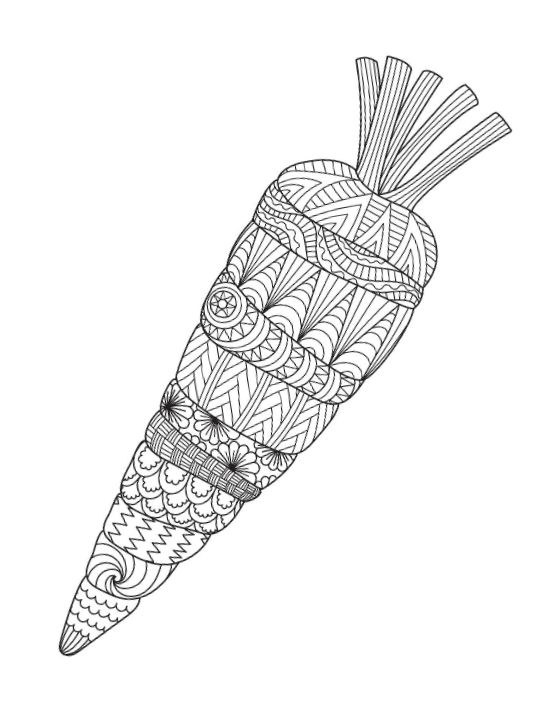 Intricately patterned carrot with diverse mandala designs, unique vegetable coloring page.